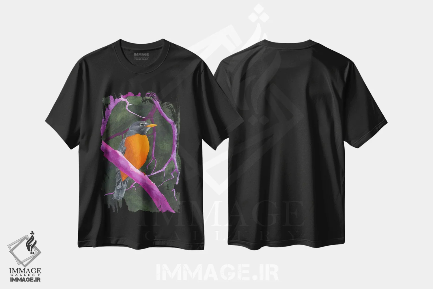 تیشرت مشکی طرح دار پرنده نارنجی و بنفش، دکور معاصر اثر کارینا دانیلچوک | immage.ir