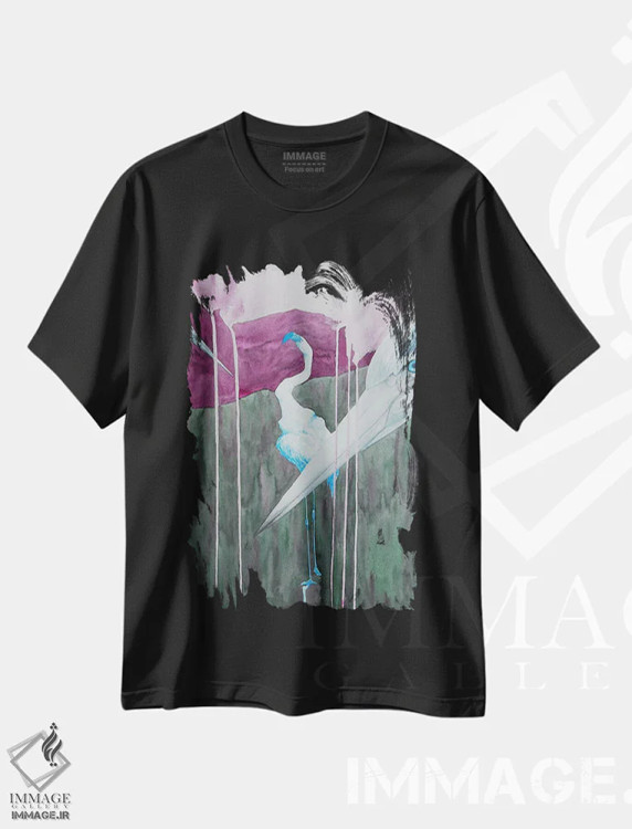 تیشرت مشکی طرح دار دو حواصیل در جنگل، دکور معاصر اثر کارینا دانیلچوک | فروشگاه ایماژ