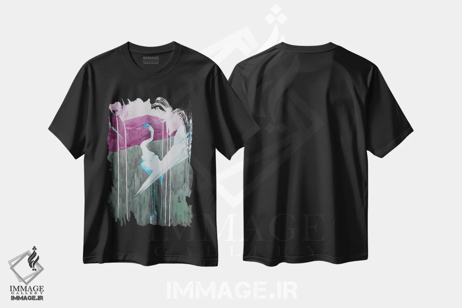 تیشرت مشکی طرح دار دو حواصیل در جنگل، دکور معاصر اثر کارینا دانیلچوک | فروشگاه ایماژ