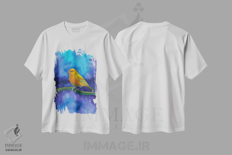 تیشرت سفید طرح دار دریاچه اسرارآمیز و پرنده زرد، دکور معاصر اثر کارینا دانیلچوک | immage.ir