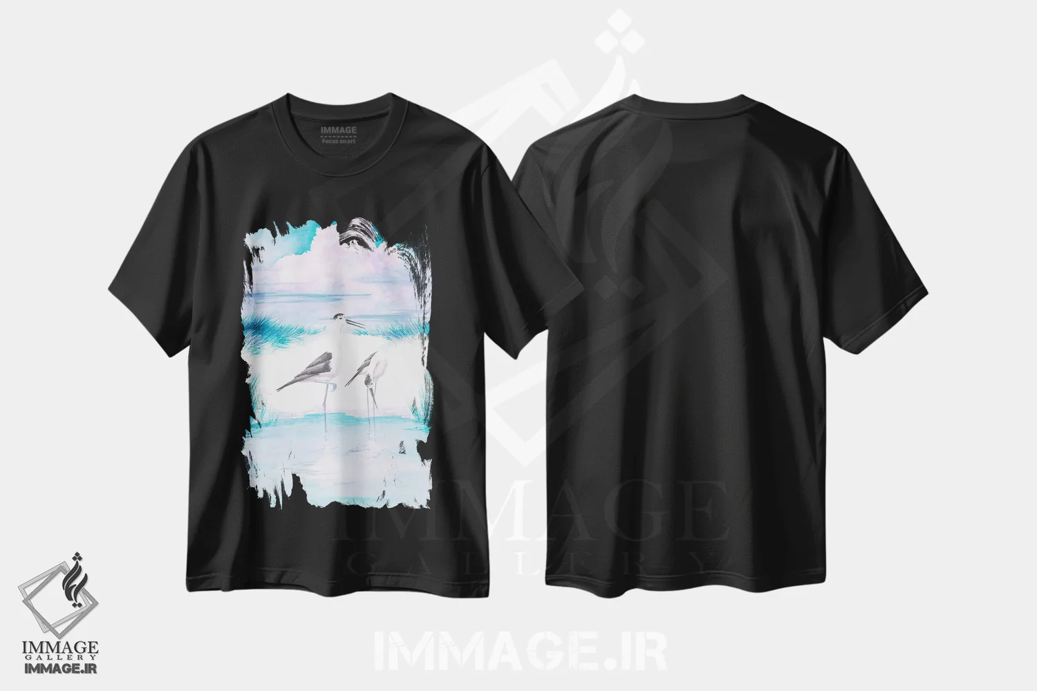 تیشرت مشکی طرح دار پا بلند بال سیاه و غروب صورتی، دکور ساحلی اثر کارینا دانیلچوک | فروشگاه ایماژ
