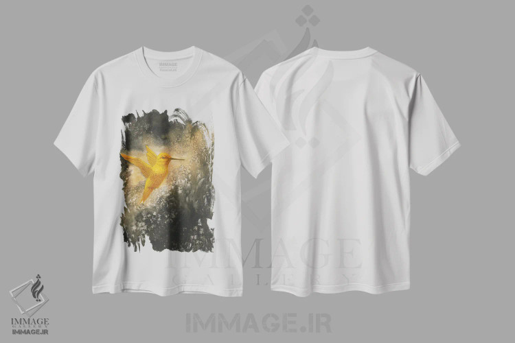 تیشرت سفید طرح دار مرغ مگس خوار طلایی در پرواز، مدیوم اثر کارینا دانیلچوک | immage.ir
