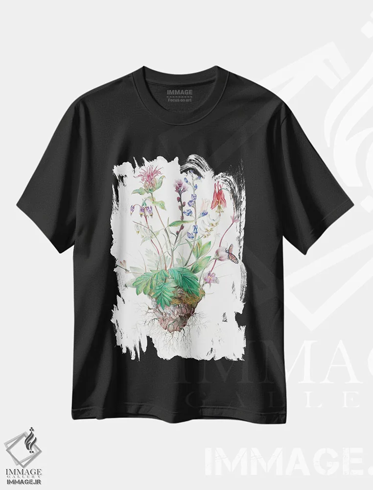 تیشرت مشکی طرح دار گل های وحشی، هنر فاخر اثر براندون کیهنر | فروشگاه ایماژ