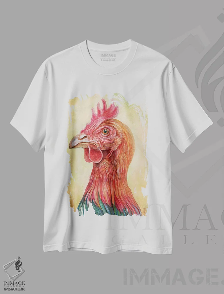 تیشرت سفید طرح دار مرغ، دکور روستایی اثر براندون کیهنر | فروشگاه ایماژ