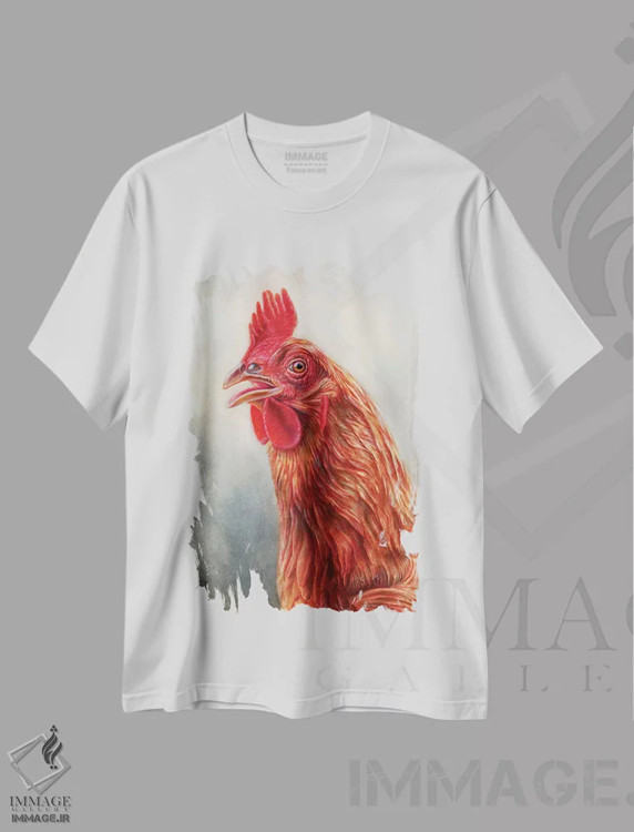 تیشرت سفید طرح دار مرغ قرمز اثر براندون کیهنر | فروشگاه ایماژ