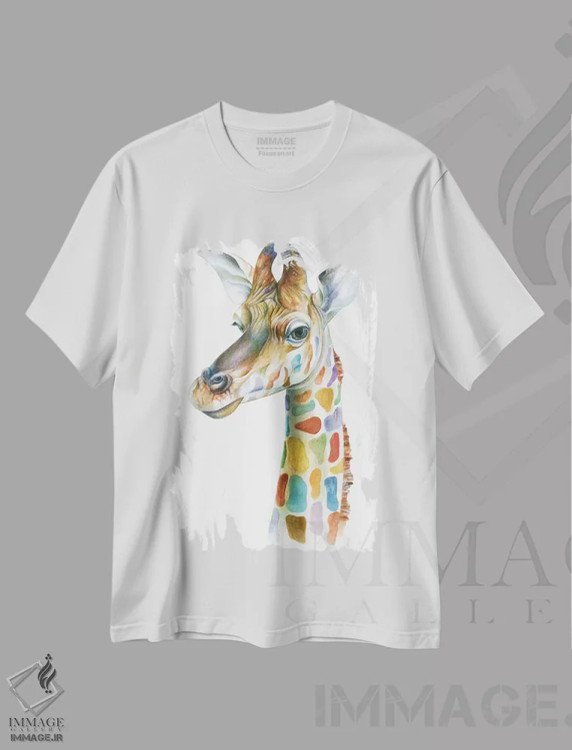 تیشرت سفید طرح دار زرافه رنگارنگ، هنر فاخر اثر براندون کیهنر | فروشگاه ایماژ
