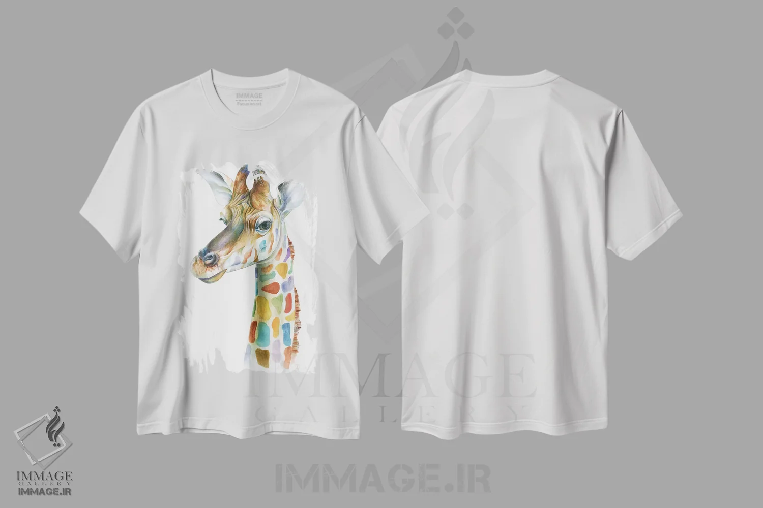 تیشرت سفید طرح دار زرافه رنگارنگ، هنر فاخر اثر براندون کیهنر | فروشگاه ایماژ