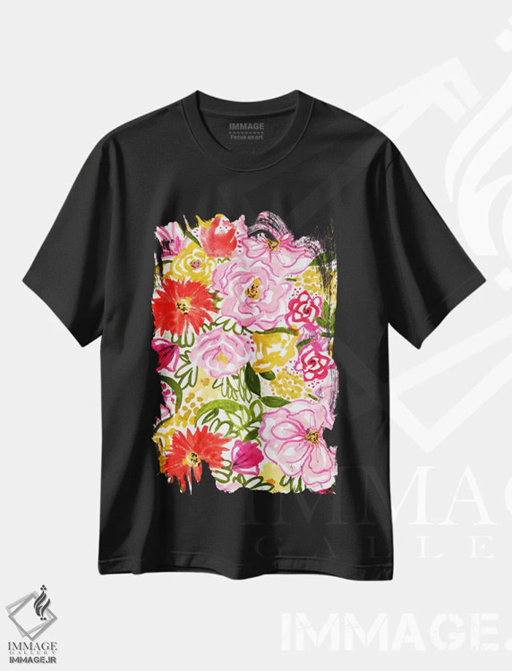 تیشرت مشکی طرح دار گل های انتزاعی، آبستره اثر کیت الدرایدج | فروشگاه ایماژ