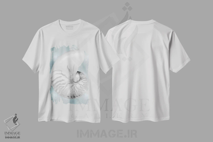 تیشرت سفید طرح دار صدف نقره ای روی آبی آکوایی II، دکور ساحلی اثر کارولین کلی | فروشگاه ایماژ