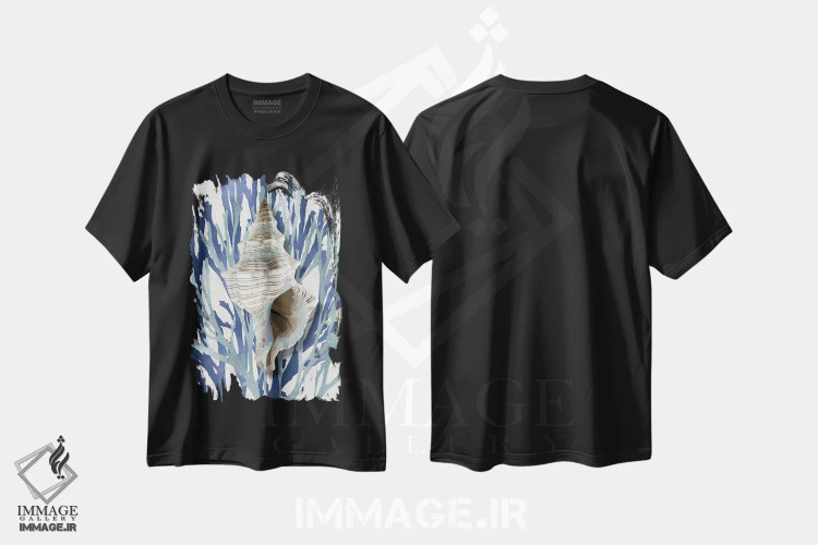 تیشرت مشکی طرح دار مرجان صدفی آبی دریایی III، دکور ساحلی اثر کارولین کلی | immage.ir