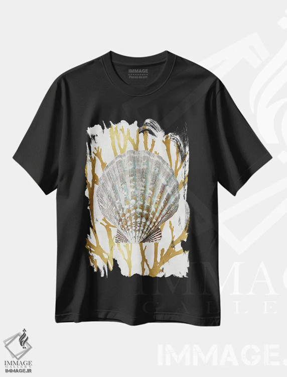 تیشرت مشکی طرح دار مرجان صدفی طلایی IV، دکور ساحلی اثر کارولین کلی | فروشگاه ایماژ