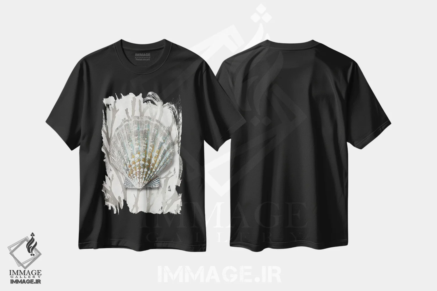 تیشرت مشکی طرح دار مرجان صدفی نقره ای IV، دکور ساحلی اثر کارولین کلی | فروشگاه ایماژ