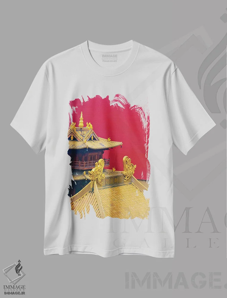 تیشرت سفید طرح دار جزئیات معماری معبد جینگان، شانگهای، چین، دکور آسیایی اثر کرن سو | فروشگاه ایماژ