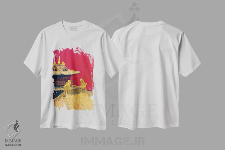 تیشرت سفید طرح دار جزئیات معماری معبد جینگان، شانگهای، چین، دکور آسیایی اثر کرن سو | فروشگاه ایماژ