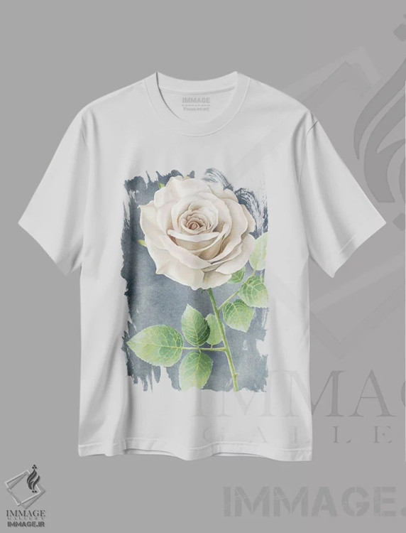 تیشرت سفید طرح دار رزهای عاجی روی پنل طوسی II، دکور معاصر اثر کلسی ویلسون | فروشگاه ایماژ