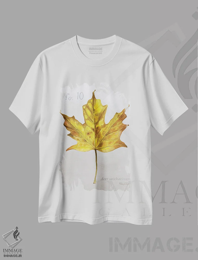 تیشرت سفید طرح دار برگ های پاییزی روی طوسی ۱ - افرا، دکور کلبه و لژ اثر کلسی ویلسون | فروشگاه ایماژ