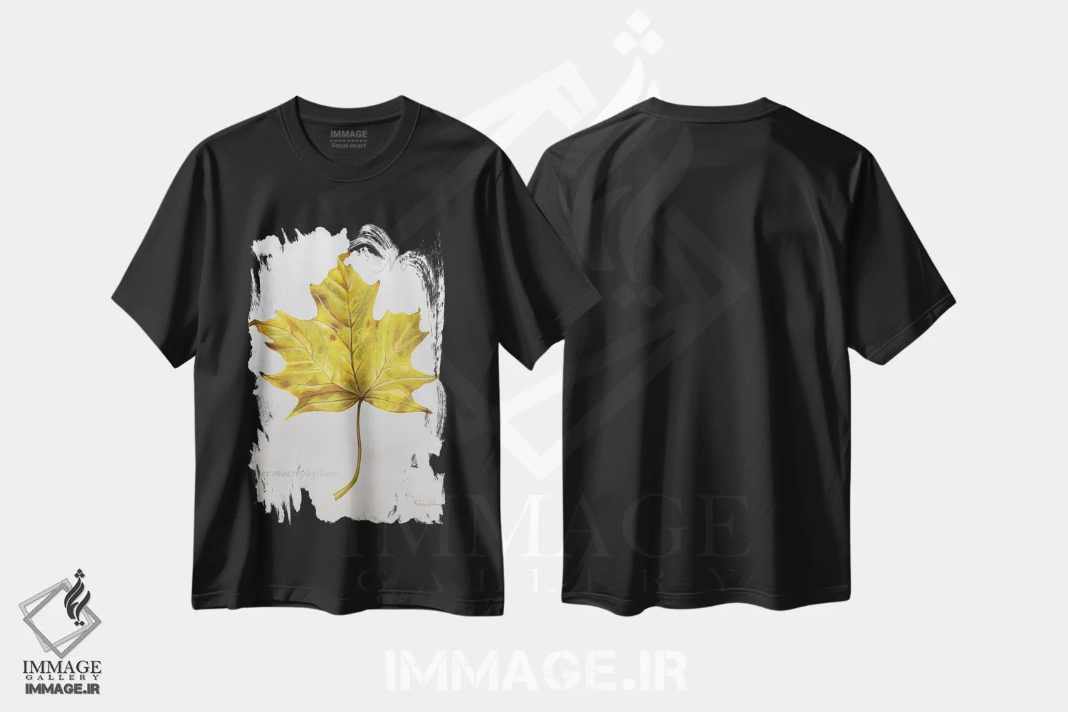 تیشرت مشکی طرح دار برگ های پاییزی روی طوسی ۲ - افرا ۲، دکور کلبه و لژ اثر کلسی ویلسون | فروشگاه ایماژ