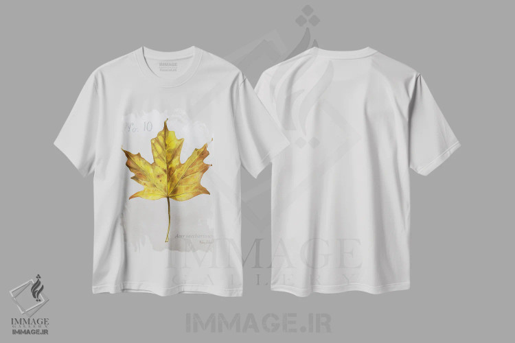 تیشرت سفید طرح دار برگ های پاییزی روی طوسی ۱ - افرا، دکور کلبه و لژ اثر کلسی ویلسون | فروشگاه ایماژ
