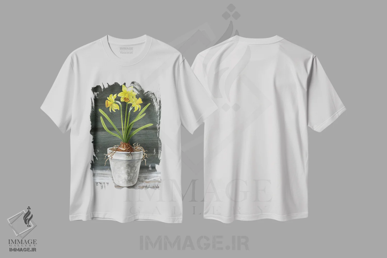 تیشرت سفید طرح دار باغ روستایی ۱ - نرگس ها، دکور روستایی اثر کلسی ویلسون | فروشگاه ایماژ