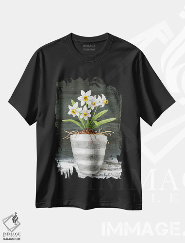 تیشرت مشکی طرح دار باغ روستایی ۲ - نرگس های سفید، دکور روستایی اثر کلسی ویلسون | فروشگاه ایماژ