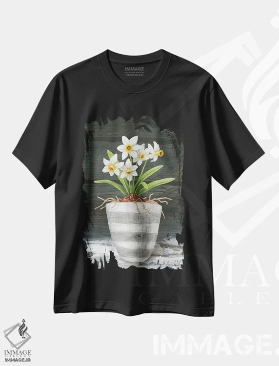 تیشرت مشکی طرح دار باغ روستایی ۲ - نرگس های سفید، دکور روستایی اثر کلسی ویلسون | فروشگاه ایماژ