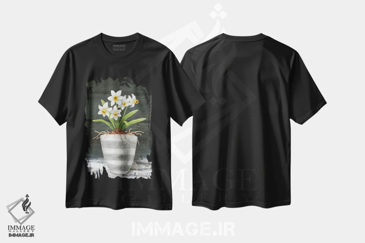 تیشرت مشکی طرح دار باغ روستایی ۲ - نرگس های سفید، دکور روستایی اثر کلسی ویلسون | فروشگاه ایماژ
