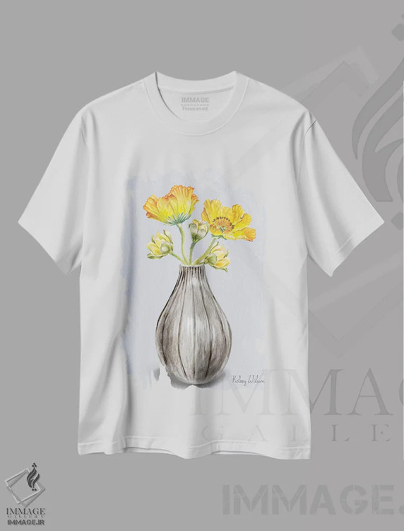 تیشرت سفید طرح دار شقایق ها در گلدان II، دکور روستایی اثر کلسی ویلسون | فروشگاه ایماژ