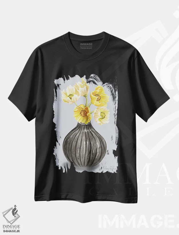 تیشرت مشکی طرح دار شقایق ها در گلدان I، دکور روستایی اثر کلسی ویلسون | فروشگاه ایماژ