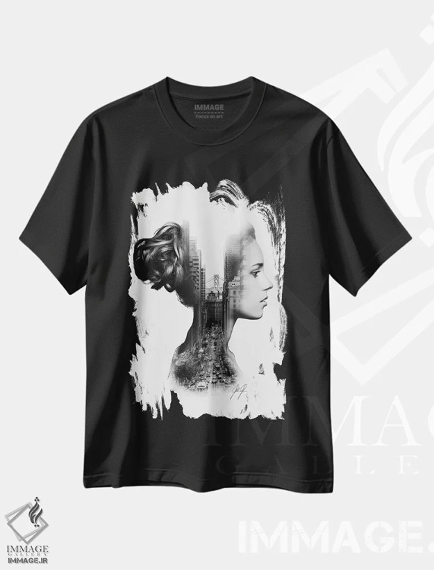 تیشرت مشکی طرح دار پروفایل با نوردهی دوگانه، هنر تزئینی سیاه و سفید اثر کاترین فدرر | فروشگاه ایماژ