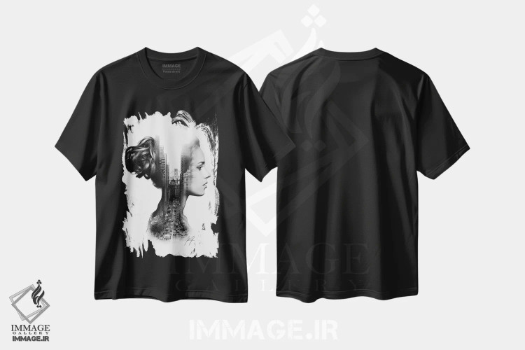 تیشرت مشکی طرح دار پروفایل با نوردهی دوگانه، هنر تزئینی سیاه و سفید اثر کاترین فدرر | فروشگاه ایماژ