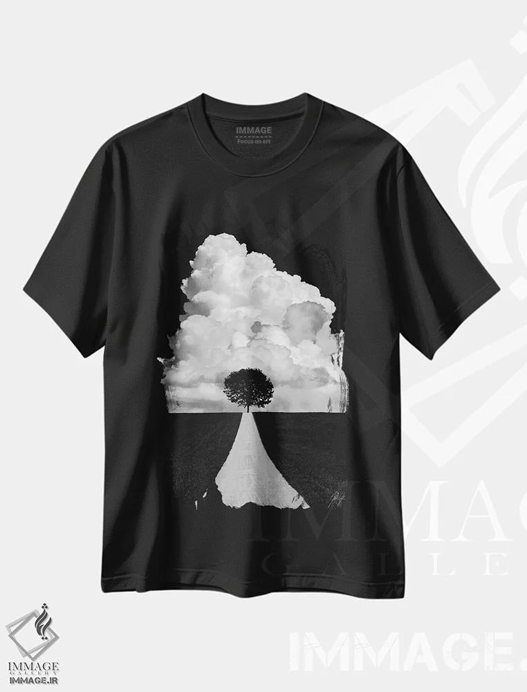 تیشرت مشکی طرح دار درخت دوقلو، عکاسی سیاه و سفید اثر کاترین فدرر | فروشگاه ایماژ