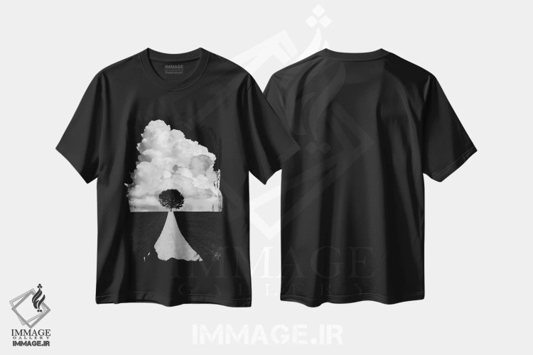 تیشرت مشکی طرح دار درخت دوقلو، عکاسی سیاه و سفید اثر کاترین فدرر | فروشگاه ایماژ