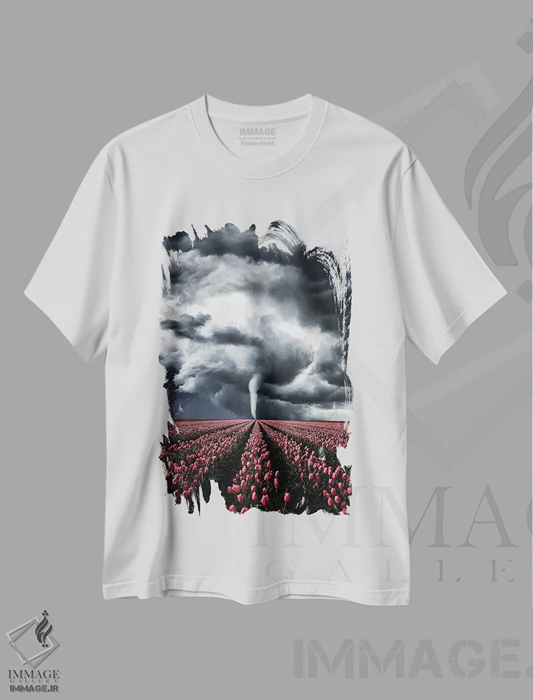 تیشرت سفید طرح دار لاله هایی که با طوفان می جنگند، مدیوم اثر کاترین فدرر | فروشگاه ایماژ