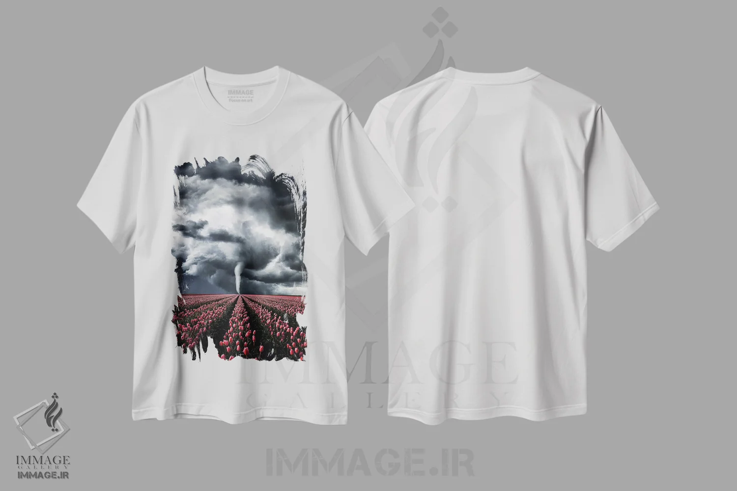 تیشرت سفید طرح دار لاله هایی که با طوفان می جنگند، مدیوم اثر کاترین فدرر | فروشگاه ایماژ