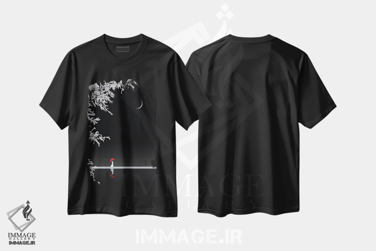 تیشرت مشکی طرح دار بانویی با چتر قرمز، عکاسی ترکیبی اثر کاترین فدرر | فروشگاه ایماژ