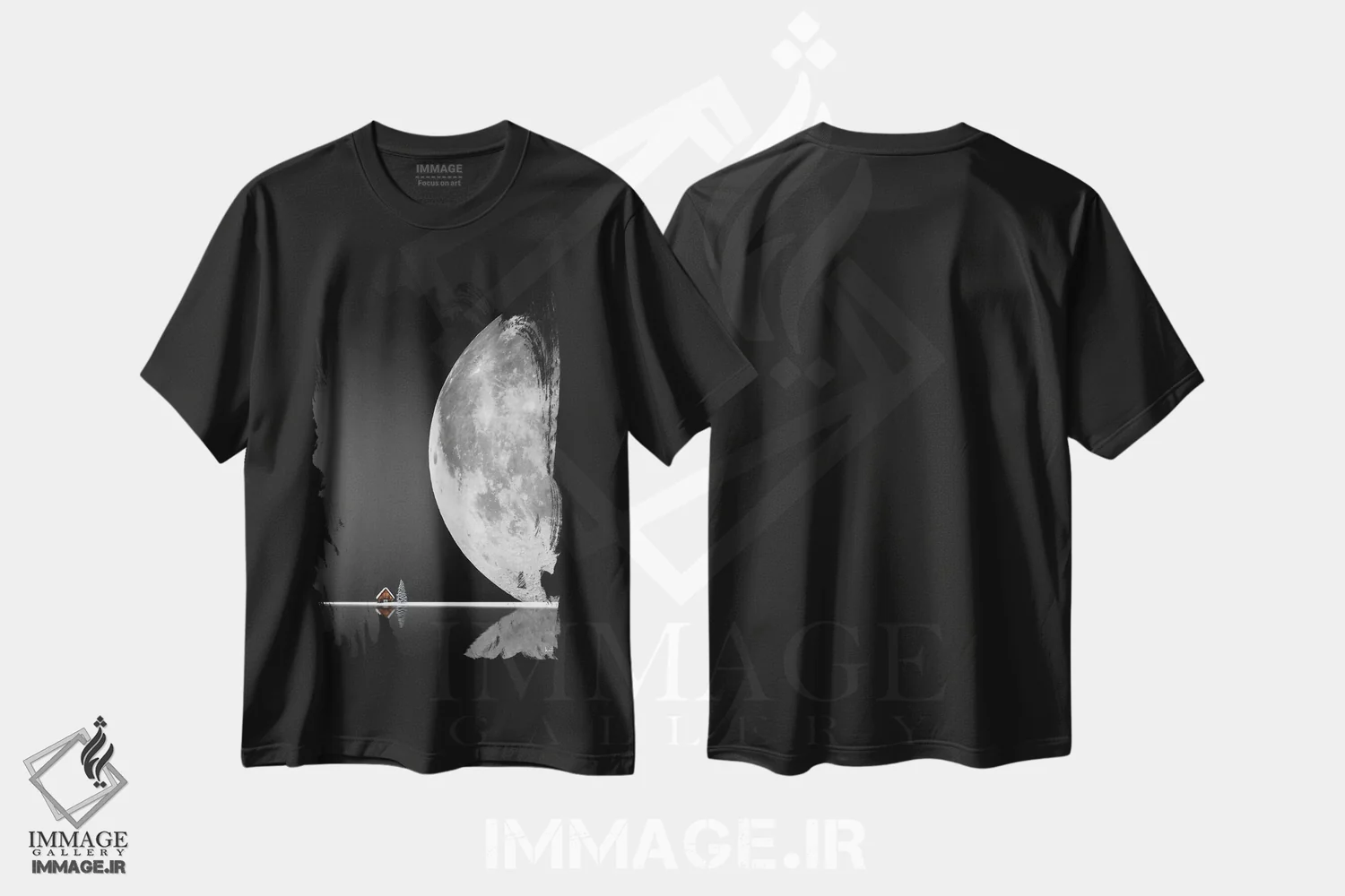تیشرت مشکی طرح دار ماه غلتان، دکور کلبه و لژ اثر کاترین فدرر | فروشگاه ایماژ