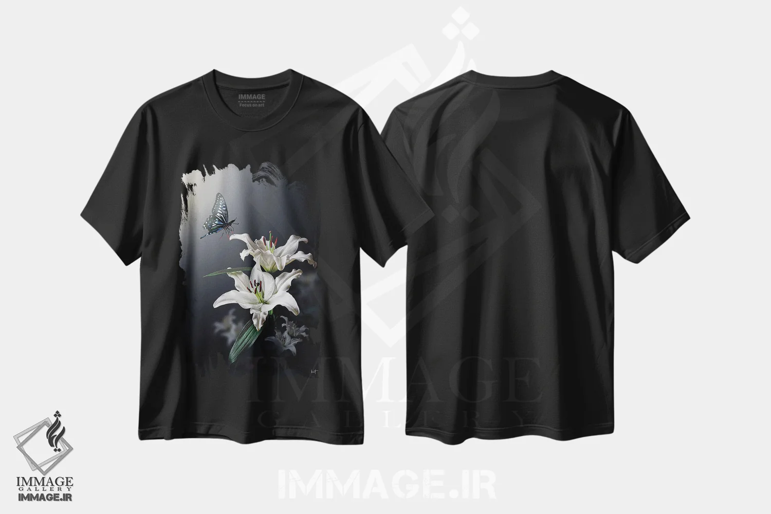 تیشرت مشکی طرح دار سوسن سفید، عکاسی ترکیبی اثر کاترین فدرر | immage.ir