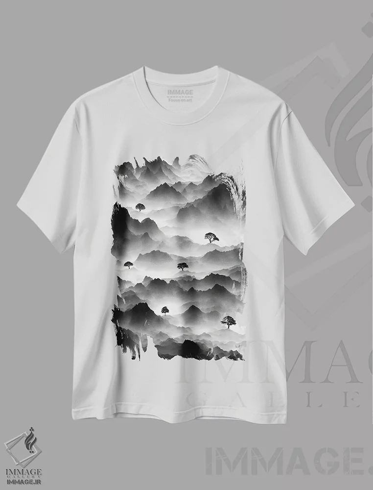 تیشرت سفید طرح دار منظره درختان، هنر تزئینی سیاه و سفید اثر کاترین فدرر | فروشگاه ایماژ
