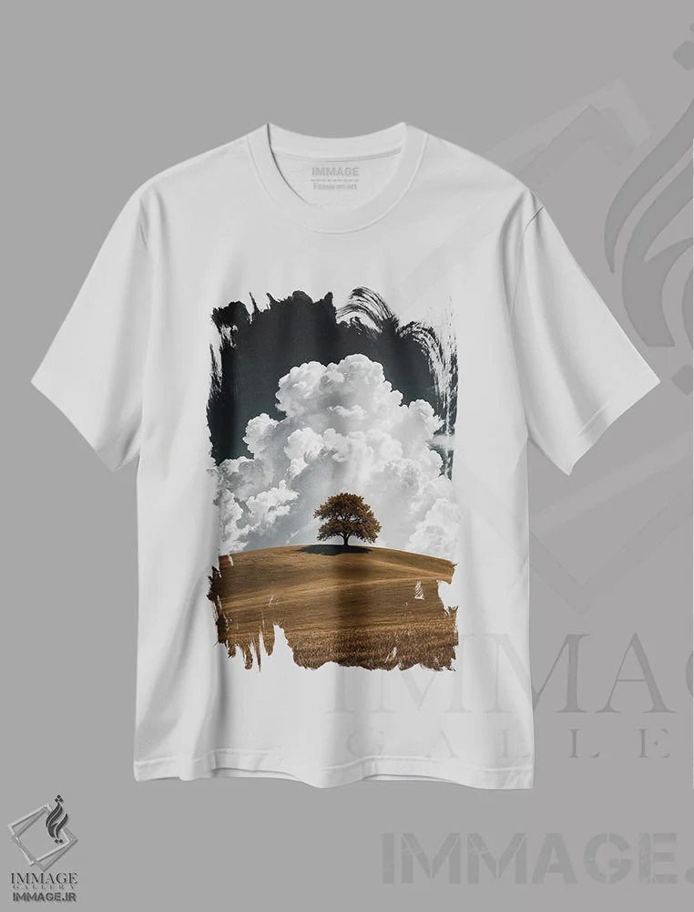 تیشرت سفید طرح دار ابر گاوی و درخت اثر کاترین فدرر | فروشگاه ایماژ