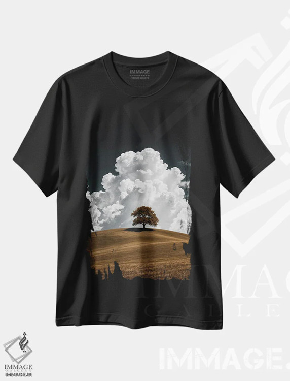 تیشرت مشکی طرح دار ابر گاوی و درخت اثر کاترین فدرر | immage.ir