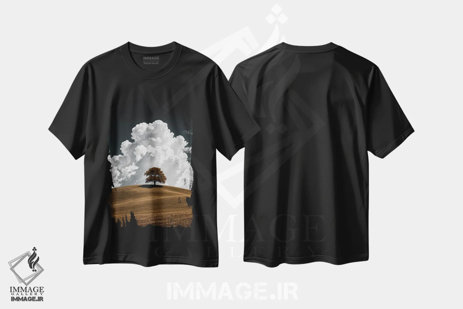 تیشرت مشکی طرح دار ابر گاوی و درخت اثر کاترین فدرر | immage.ir