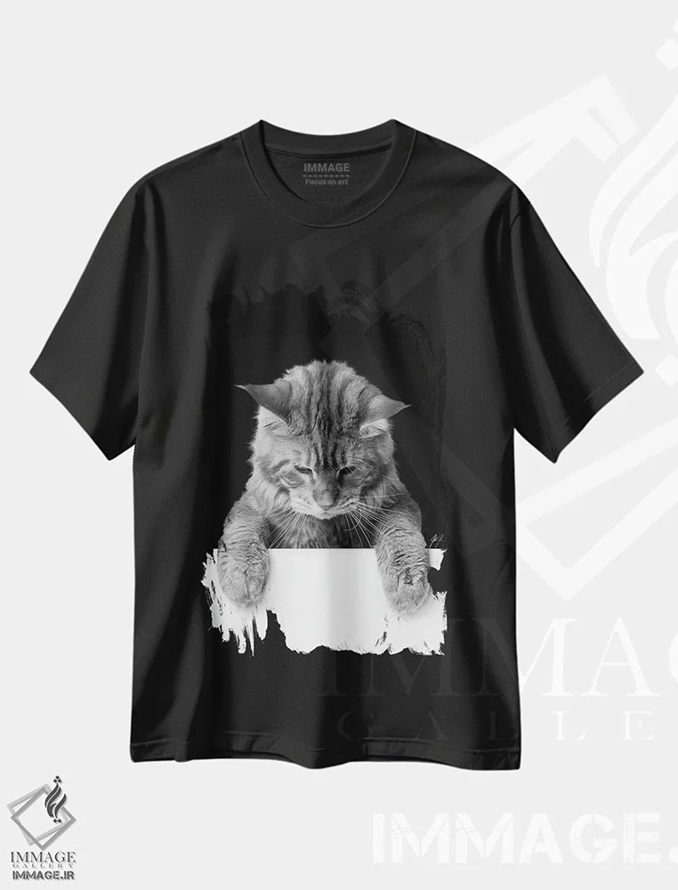 تیشرت مشکی طرح دار گربه بامزه ۱، هنر تزئینی سیاه و سفید اثر کاترین فدرر | فروشگاه ایماژ