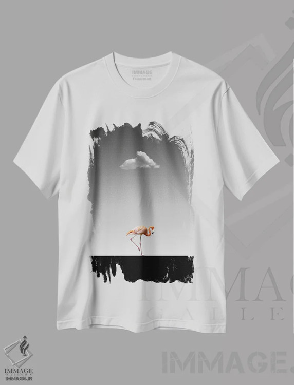 تیشرت سفید طرح دار قدم زدن فلامینگو روی سکو ۲، عکاسی با رنگ های درخشان اثر کاترین فدرر | فروشگاه ایماژ