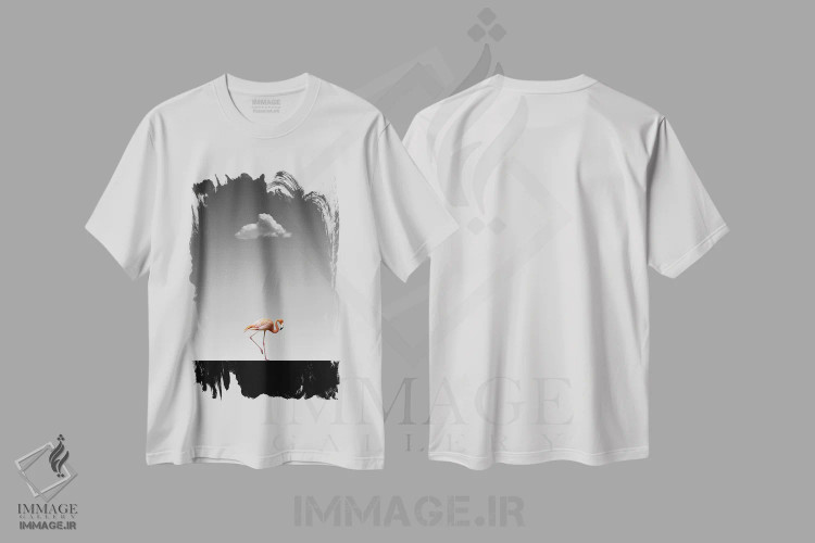 تیشرت سفید طرح دار قدم زدن فلامینگو روی سکو ۲، عکاسی با رنگ های درخشان اثر کاترین فدرر | فروشگاه ایماژ