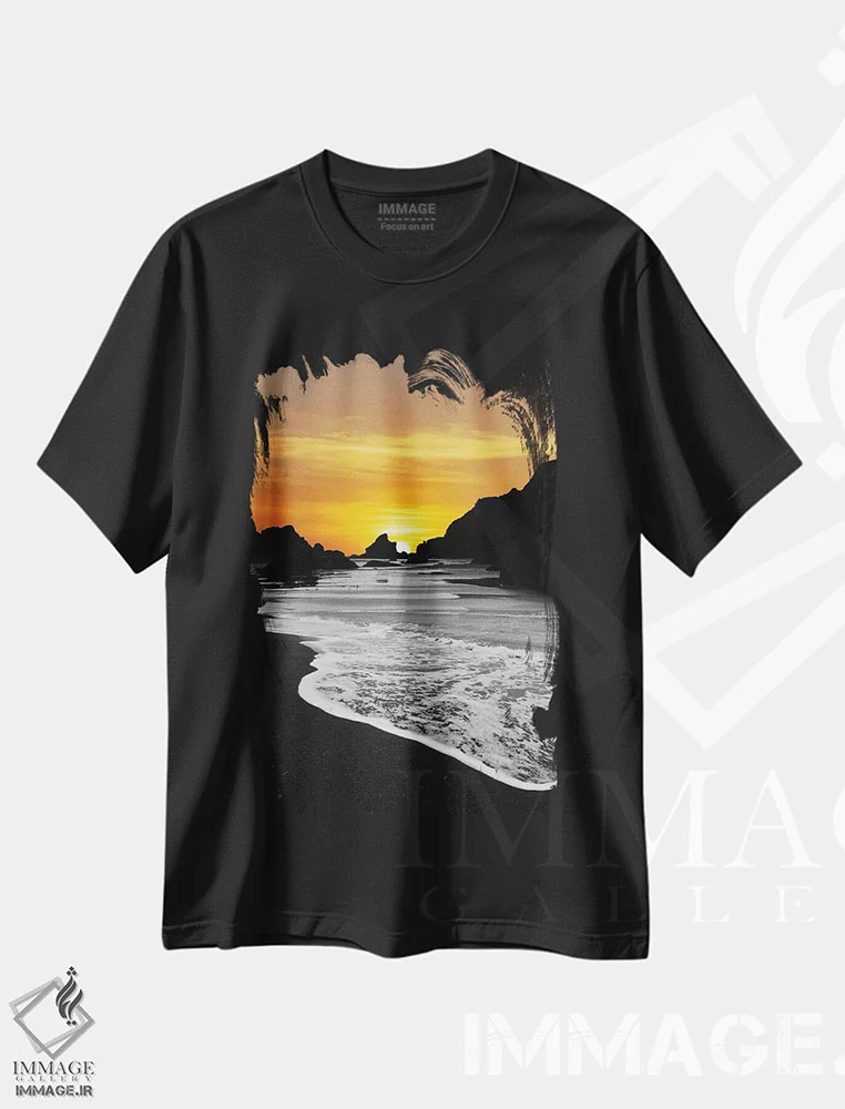 تیشرت مشکی طرح دار غروب ۱، عکاسی با رنگ های درخشان اثر کاترین فدرر | فروشگاه ایماژ