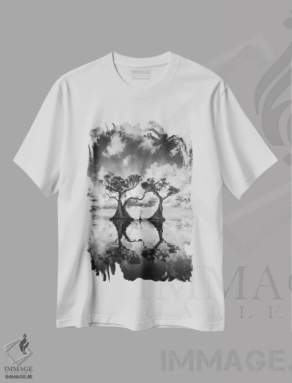 تیشرت سفید طرح دار درختان مانگرو ۲، عکاسی سیاه و سفید اثر کاترین فدرر | فروشگاه ایماژ