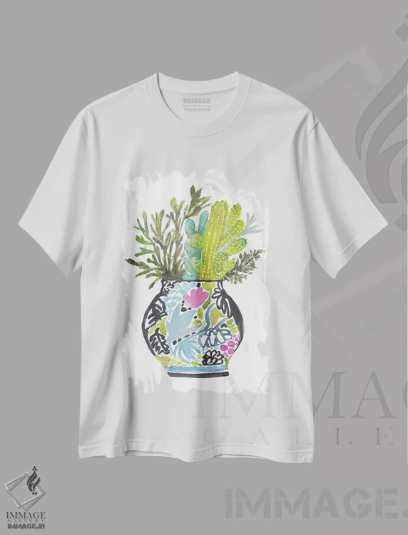 تیشرت سفید طرح دار گلدان نقاشی شده با گل ها ۴، دکور بوهمی اثر کارن فیلدز | فروشگاه ایماژ
