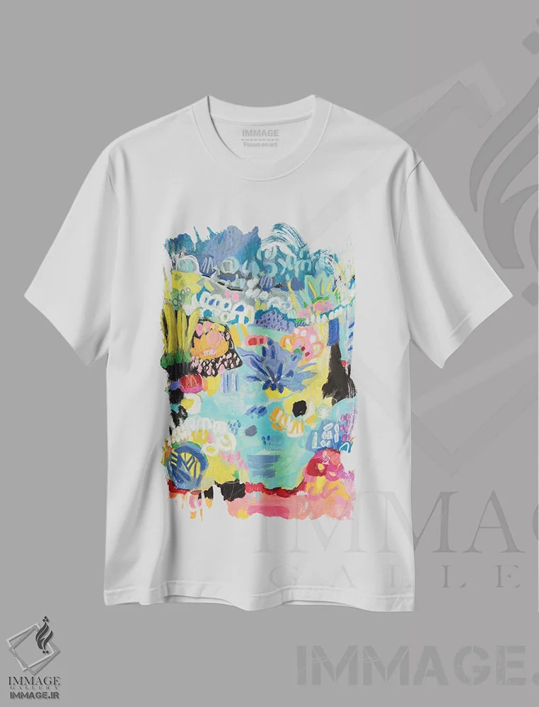 تیشرت سفید طرح دار برکه خیال انگیز ۳، آبستره اثر کارن فیلدز | فروشگاه ایماژ
