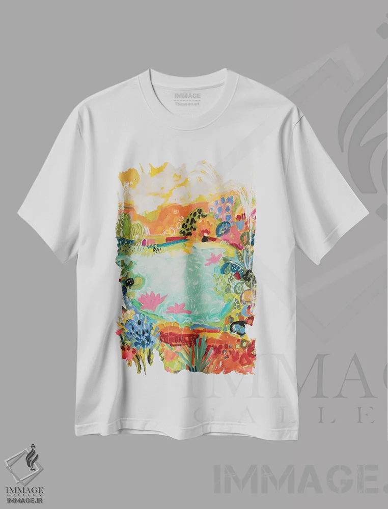 تیشرت سفید طرح دار برکه خیال انگیز ۱، آبستره اثر کارن فیلدز | immage.ir