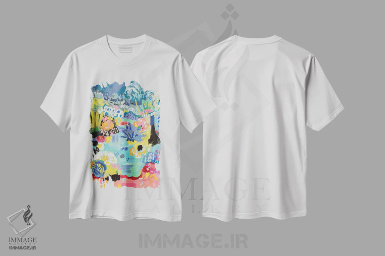 تیشرت سفید طرح دار برکه خیال انگیز ۳، آبستره اثر کارن فیلدز | فروشگاه ایماژ